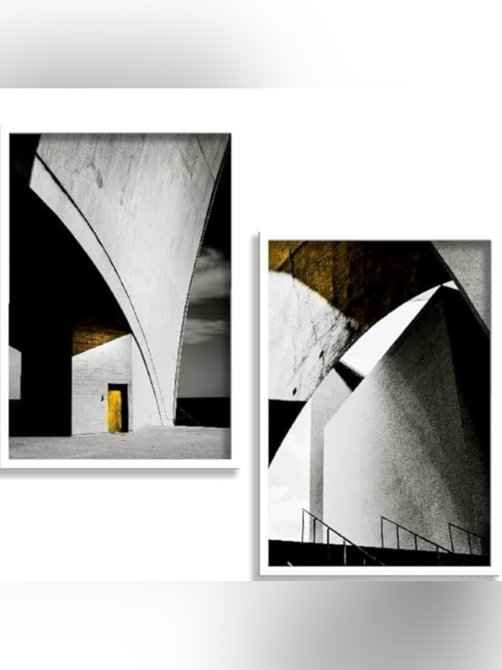 Set 2 modern wall art black & white architectural canvas prints w golden accent